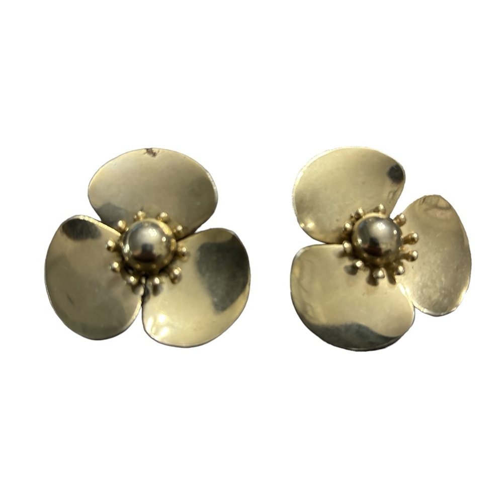 Estate 1950’s Mob Wife Large 3D Flower Gold Tone Old Money Clip On Earrings
